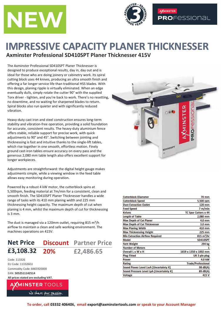 Þykktarhefi./Afr.SD410SPT Prof. 415 3ph.